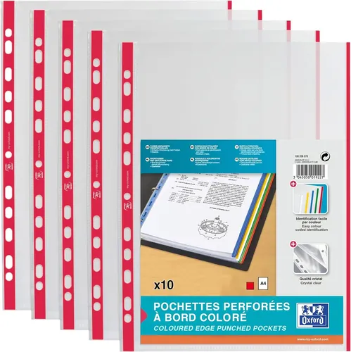 Oxford Prospekthülle DIN A4 mit farbigem Rand PP 0,09 mm rot 10 Hüllen