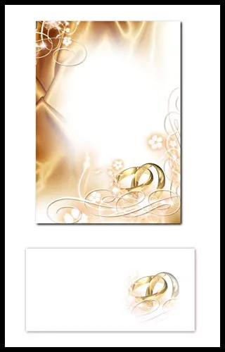 Blatt Briefpapier DIN A4 + 25 Stück Umschläge 5017 Hochzeit Ringe Heirat Motivpapier/Premium Briefumschläge DIN lang (110 X 220mm) mit Motiv bedruckt, Briefhüllen Kuvert, ohne Fenster, haftklebend 25