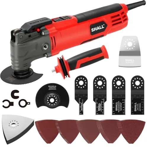 SHALL Oszillationswerkzeug, 300-W-Oszillations-Multitool-Set mit 3°-Schwenkwinkel, Schnellwechsel- und Rückschlagschutz, 6 Geschwindigkeitsstufen, Zusatzhandgriff, 40-teiligem Sägenzubehör