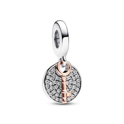 PANDORA Moments Bicolor Schlüssel zum Glück Charm-Anhänger - Bead Charms für Damen, doppelter Charm-Anhänger aus Sterling Silber mit rosévergoldeter Metalllegierung, symbolisiert die unzerbrechliche Verbundenheit der Familie.