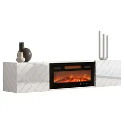MIRJAN24 TV-Lowboard Luxe mit Kamin, zwei Drehtüren, Realistische LED-Flamme, Gehärtetes Glas, 180x33x39 cm (Farbe: Weiß / Weiß Hochglanz + Sch... - Weiß