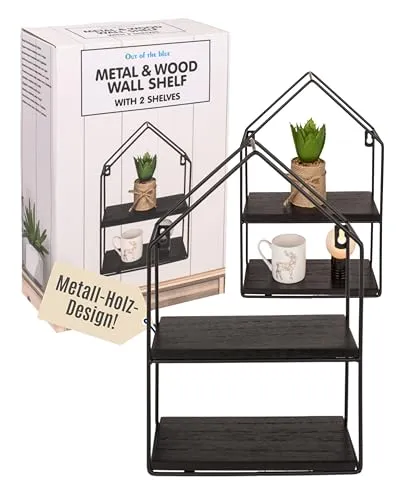 Out of the blue Metall-Holz-Wandregal mit 2 Ablageböden - Industrial-Chic Design - Kompakte Maße 21x31x9,5 cm - Vielseitig für Küche, Bad, Flur - Perfekt für jedes Zuhause