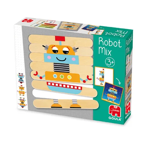 Goula 50212 Robot-Mix, Kinderspiel - Gesellschaftsspiel mit 7 Holzteilen, 30 Aufgabenkarten in verschiedenen Schwierigkeitsstufen, fördert Kreativität und Problemlösungsfähigkeiten bei Kindern.