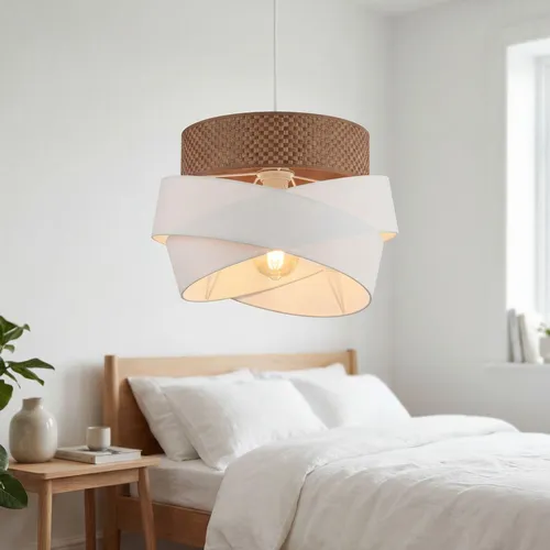 Hängeleuchte Metall Stoff E27 38 cm - Modernes Design in Weiß Creme Gold - Moderne runde Pendelleuchte mit dekorativem Stoffschirm, ideal für Schlafzimmer, Wohnzimmer und Esszimmer. Freie Wahl des Leuchtmittels für individuelle Lichtakzente.