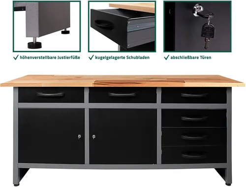 ONDIS24 Werkbank Karsten Set - schwarz - Hochwertige Hobbywerkbank mit 6 Schubladen, 2 Türen und verstellbaren Füßen, belastbar bis 510 kg. Ideal für kreative Projekte und effizientes Arbeiten.
