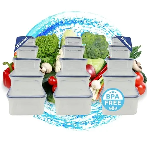 Teile Frischhaltedosen Set 15 Dosen mit Klick-System - Vorratsgefäße Set, BPA-frei und luftdicht, ideal für die Aufbewahrung von Lebensmitteln, mikrowellen- und spülmaschinengeeignet.