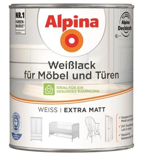 Alpina Weißlack für Möbel + Türen extra matt 750ml - Innen- & Außenfarben, extra matte Oberfläche für ein elegantes Finish und hohe Deckkraft auf Möbeln und Türen.