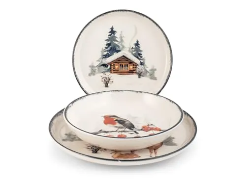 H&H Servizio Tavola Natalizio 18 Pezzi Frosty - Tafelservice für festliche Anlässe: 18-teiliges Steingut-Set mit handbemalten Details, ideal für Winterpartys und elegante Dinner.