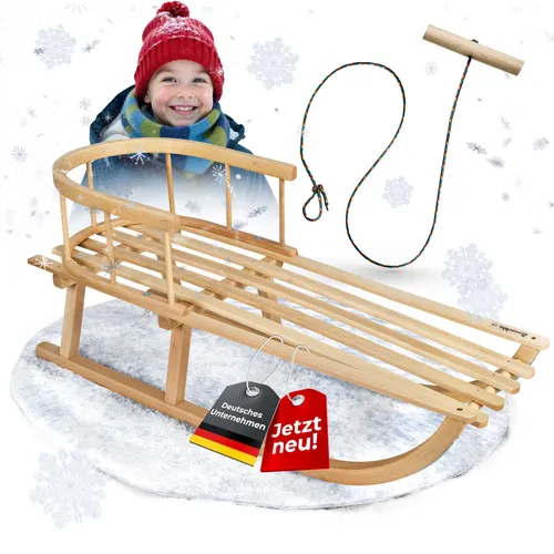 BAMBINIWELT CE-Holzschlitten 90cm mit Rückenlehne und Zugseil