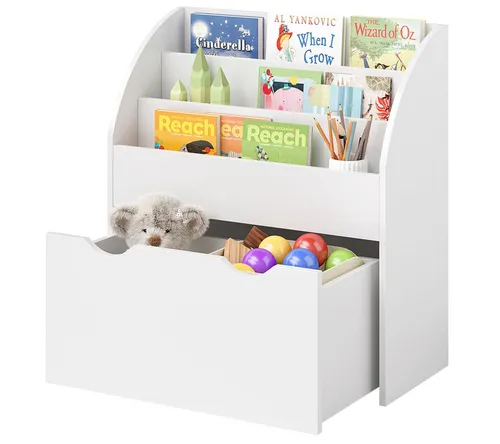 Bellabino Kinderregal Koro, weiß - Modernes Kinderregal mit 3 Fächern für Bücher und 1 praktischer Schublade, ideal zur Aufbewahrung und Organisation im Kinderzimmer.