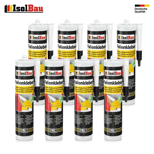 Folienkleber für Dampfbremse und Dampfsperre – 8 x Dichtkleber - Unterdeck- & Spannbahnen, wetterfest und hoch haftend, ideal zum Verkleben von Baufolien und Isoliermatten – keine Anpresslatte erforderlich!