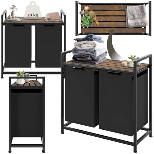 tectake® Wäschekorb mit Deckel, 2 Fächer Wäschesortierer - Wäschekörbe im Industrial Design mit langlebigem Stahlgestell und zwei geräumigen Fächern aus robustem Polyester für eine optimale Wäscheorganisation in Deinem Zuhause.