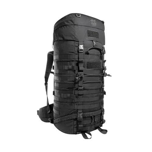 Tasmanian Tiger TT Base Pack 75 - Trekkingrucksack 75-90 l - Robuster Trekkingrucksack mit modularen Erweiterungsmöglichkeiten, ideal für lange Touren. Farbe: Schwarz/Grau; Highlights: Eispickel- und Stockhalterung, Bodenfach, Trinksystem kompatibel.
