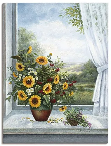 ARTLAND Wanddeko Leinwand Bilder Wandbild 60x80 cm Stillleben Arrangements Botanik Malerei Blau A6DL Sonnenblumen am Fenster