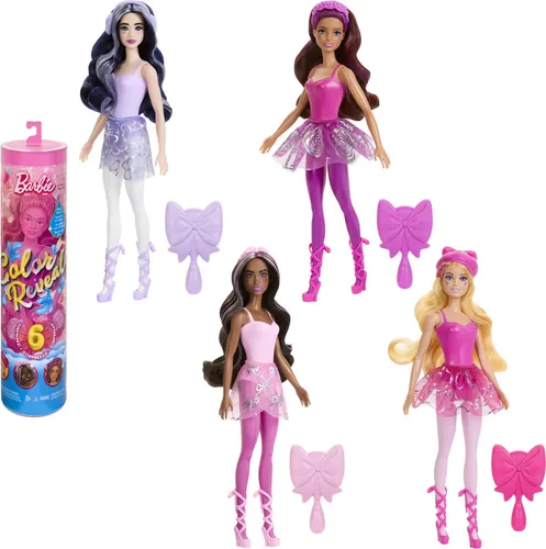 Barbie Color Reveal Ballett Tänzer Puppe - Entdecke die Barbie Color Reveal Puppe mit 6 Überraschungen! Verwandlung durch Wasser, stylische Ballett-Accessoires und eine praktische Röhrenverpackung zur Aufbewahrung. Perfekt für kreative Spielstunden!