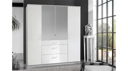 Kleiderschrank Clack Drehtürenschrank 180 cm in Hochglanz Weiß - Moderner Kleiderschrank mit 4 Türen und Spiegel, bietet viel Stauraum und ein stilvolles Design für Ihr Schlafzimmer.