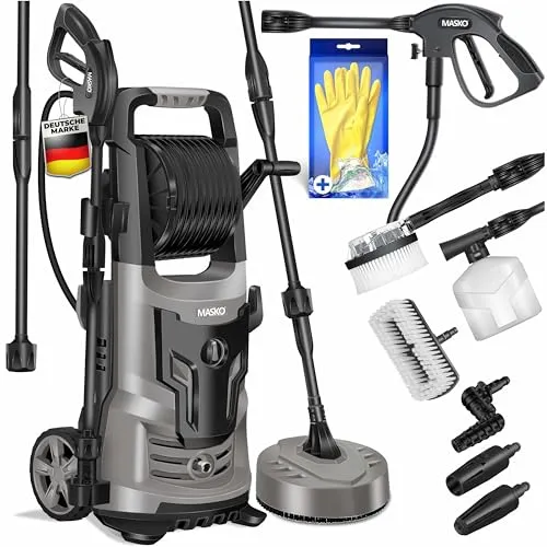 MASKO® Hochdruckreiniger 2200 Watt - 165 bar, 450 l/h, 10m Schlauch & Zubehör - Hochdruckreiniger mit 2200 Watt Leistung, ideal für Autos, Gartenmöbel und Terrassen. Inklusive Seifenflasche und 10m Schlauch für maximale Reichweite und vielseitige Nutzung.