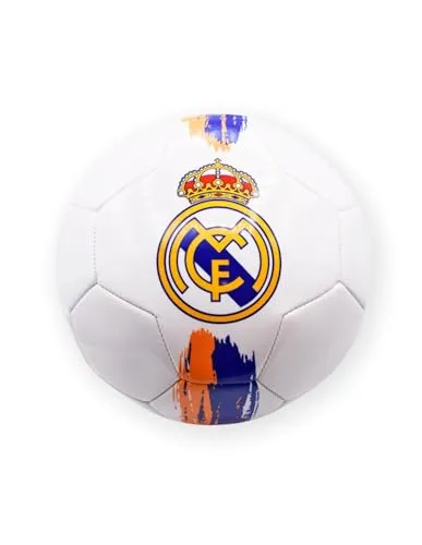 Genérico Fußball R.Madrid, Größe 5, offizielle Lizenz - Hochwertiger Fußball in Weiß mit orangefarbenen und blauen Details. Ideal für Fans von Real Madrid, bietet besten Spielkomfort und entspricht den regulativen Normen.