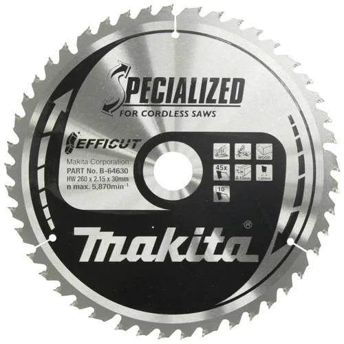 Makita B-64630 EFFICUT Kreissägeblatt 260 mm, 45 Zähne - Zubehör Elektrowerkzeuge – Schneiden Sie Holz bis zu 2,5 mal schneller als mit herkömmlichen Sägeblättern und sparen Sie bis zu 60% Zeit!