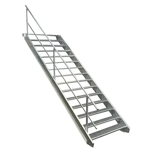 Robuste Stufen Stahltreppe mit Geländer 100cm - Stabile Außentreppe für Geschosshöhen von 250-320cm, ideal für industrielle Anwendungen und inklusive Zubehör für eine einfache Montage.