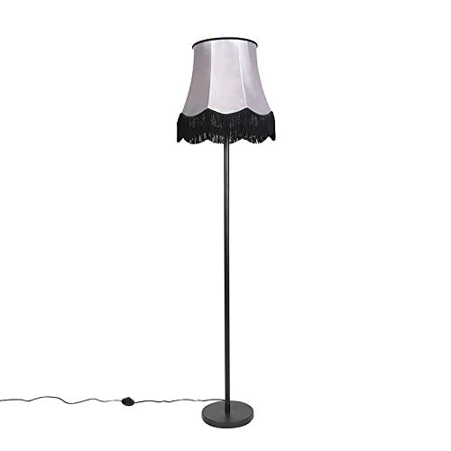 Qazqa Stehlampe Simplo - Moderne Klassik in Schwarz mit Grauem Granny Schirm - Elegante Stehleuchte für stilvolle Innenräume. Ideal für Wohnzimmer und Schlafzimmer, dimmbar (Dimmer nicht enthalten), und passend für E27 Leuchtmittel. Hochwertige Verarbeitung aus Stahl.