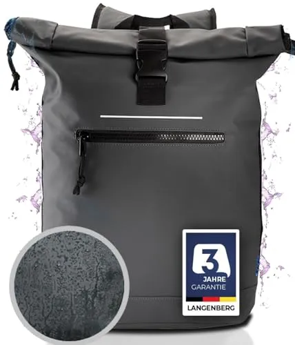 LANGENBERG Trenton Rolltop Rucksack - Wasserdichter Laptop Rucksack für Herren und Damen - Tagesrucksäcke, wasserabweisendes PU-Material schützt deine Wertgegenstände optimal und bietet 30 Liter Volumen für maximale Flexibilität im Alltag.