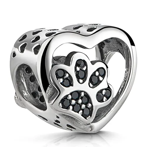 Materia Herz Bead Damen Anhänger Silber 925 - Zirkonia Pfoten Charm - Bead Charms für Damen, antik oxidierter 925 Sterling Silber Anhänger mit 26 Zirkonia, perfekt für Tierfreunde und passend zu gängigen Armbändern mit max. 4,4mm Durchmesser.