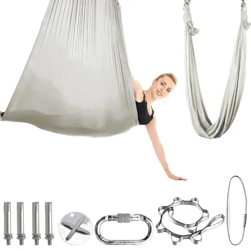 Aerial Yoga Hängematte Set Yogatuch zum Aufhängen für Erwachsene Aerial Swing Air Fliegen Schaukel Hammock Swing mit Zubehör für Indoor Übungen Anti Gravity Übungen(100x280CM) (Grau)