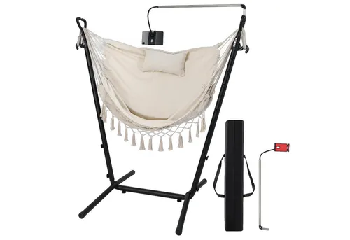 COSTWAY Hängesessel mit Gestell – Höhenverstellbar & Handyhalter - Genießen Sie entspannte Momente mit diesem stabilen Hängesessel. Mit höhenverstellbarem Gestell und integriertem Handyhalter für maximalen Komfort. Ideal für drinnen und draußen – bis 250 kg belastbar.