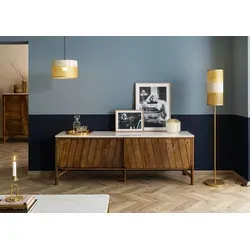 Massivmoebel24 Sideboard LOS ANGELES #07 - Sideboard aus braun geöltem Mangoholz und edlem Marmor, 185x45x65 cm. Bringt luxuriöses Retro-Flair in Ihr Zuhause mit goldfarbenen Griffen und einzigartigen Türfronten.