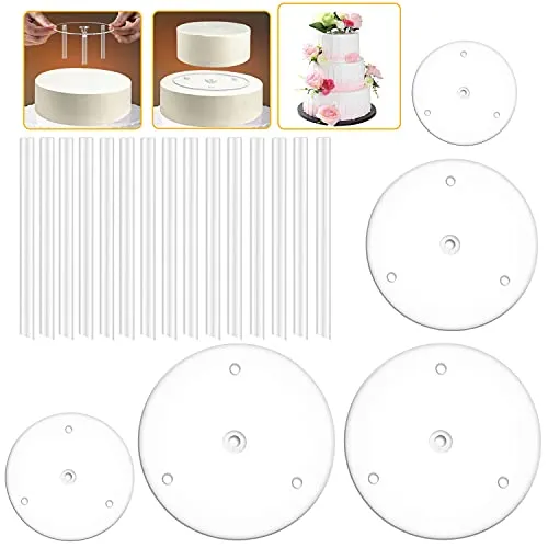 NICAVKIT Tortenplatte, 5 Tortenständer, Kuchenbasis (9/12/16/20/20 cm) mit 15 Stück Kunststoff Dübelstangen, Wiederverwendbar für Gestufte Gestapelte Kuchen, zur Hochzeit Gebursttag Party Festival