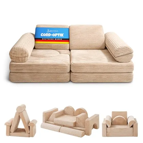 Bestlivings Spielsofa Kinder 11-teilig (Beige) – Modulare Spielcouch für kreative Abenteuer - Entdecken Sie die unendlichen Möglichkeiten mit dieser modularen Spielcouch! Ideal für kreative Bauideen im Kinderzimmer, bietet sie Sicherheit und Komfort. Die formstabilen Teile sind robust und langlebig, perfekt für aktive Kinder und vielseitig einsetzbar.