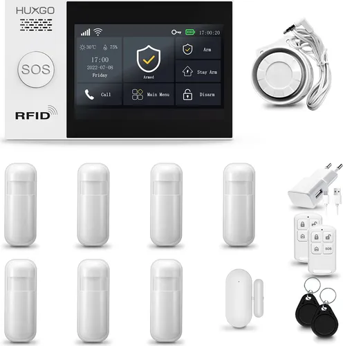 HUXGO HXA007 Alarmanlage Haus WiFi + GSM 2G mit Sirene, Alarm System mit 7x Bewegungssensor und 1x Tür-Fenstersensor, Alarmanlage für Wohnung, Haus, Garage, Tuya Smartlife App