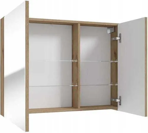 Badezimmerschrank mit Spiegel 80 cm, Eichenholz und Glasregale Rietti