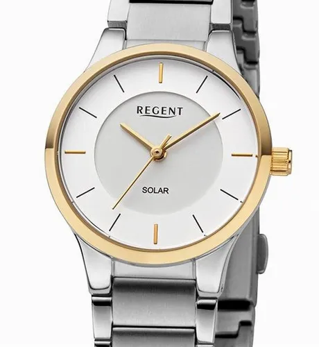 Regent - 32-BA-729 - Elegante Solaruhr für Damen - Armbanduhren für Damen: Diese stilvolle Regent Solaruhr aus Edelstahl mit gelbgold plattiertem Gehäuse und gut ablesbarem Zifferblatt lädt durch Licht auf und ist bis 3 ATM wasserdicht.