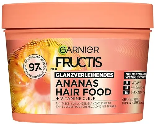 Garnier Fructis Haarkur Ananas Hair Food 3in1 Maske - Haarkuren für glanzloses Haar, revitalisiert und spendet Feuchtigkeit dank der kraftvollen Ananas-Formel, 2 x 400 ml für doppelte Pflege.