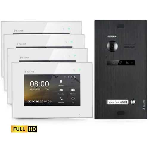 BALTER EVO HD Video Türsprechanlage Black für 1 Familienhaus Kit, 4x Monitor 7