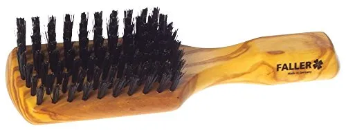 Faller Olivia Bürste Wildschwarz 8-reihig - Herrenbürste aus gewachstem Olivenholz mit reinen Wildschweinborsten, die Talg aufnehmen und für natürlichen Glanz sorgen. In repräsentativer Klarsichtbox, ideal für stilbewusste Männer.