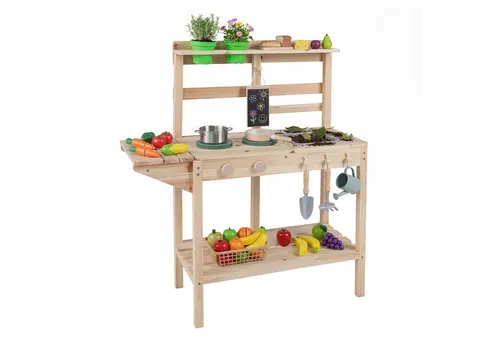 COSTWAY Outdoor-Spielküche aus Holz, Spielküche mit Herd und Spüle - Fördern Sie die Fantasie Ihres Kindes mit dieser stabilen Holzspielküche! Mit interaktiven Funktionen wie einem Herd, einer Spüle und praktischen Regalen bietet sie endlosen Spielspaß und kreative Möglichkeiten im Freien.