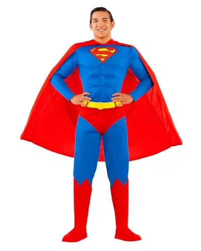 Funidelia Superman Kostüm für Herren - Offizielle DC Comics Verkleidung - Kostüm-Outfits für Erwachsene, 100% offizielles Superman Kostüm mit Overall, Umhang und Accessoires für Karneval, Halloween und Kostümpartys.