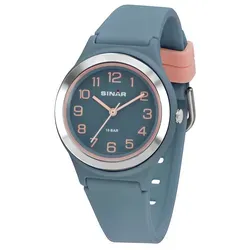 SINAR Mädchen-Armbanduhr XB-48-22 - Sportliche Analog Quarz Uhr für Mädchen, 10 Bar wasserdicht, ideal zum Schwimmen; trendiges Design in Taubenblau mit roséfarbenen Akzenten und weichem Silikonband.