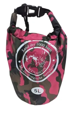 Dry Bag Trockensack Seesack 100% wasserdicht Packsack Tasche Beutel Wasssersport Kanu Kajak SUP Tauchen Schwimmen Baden Strand Angeln Campen wasserfest Schultergurt Drybag Pink Camouflage (5 Liter)