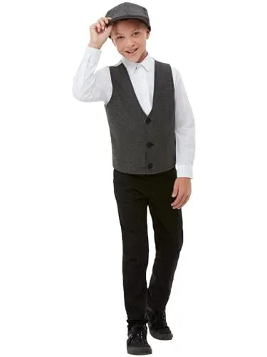 Smiffys 20er Jahre Gangster Jungen Set, Grau, mit Tellermütze & Weste Halloween