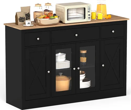 COSTWAY Sideboard 140 cm – Küchenschrank mit 3 Schubladen und 2 Glastüren