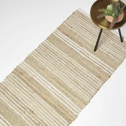 Homescapes Teppich Arlyn Jute Teppichläufer 66 x 200 cm – Beige-weiß gestreift - Kurzflor-Teppich aus 80 % Jute und 20 % Baumwolle, handgewebt mit attraktivem Streifen-Design. Strapazierfähig und ideal für stark frequentierte Bereiche, sorgt er für ein angenehmes Wohnambiente.