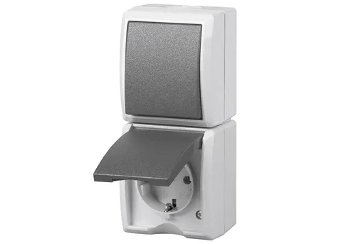 REV-Ritter Steckdose AquaForm, IP44, Aufputz, 1-fach, grau, Feuchtraum, mit Schalter, senkrecht