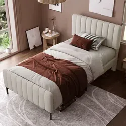 Polsterbett Einzelbett 90 x 200 cm, Bettgestell mit Lattenrost und Verstellbares Kopfteil, Gepolstertes bett,Bettrahmen Jugendbett für Schlafzimmer - Grau/Beige