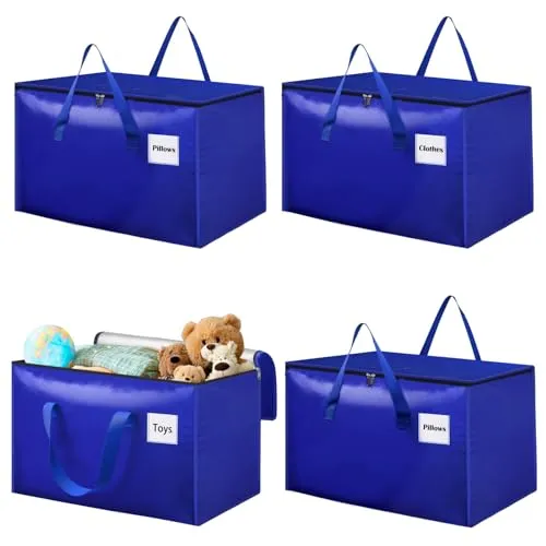 Withosent 100L Aufbewahrungstasche Groß Gewebt, 4er Blau Wasserdicht Umzugstaschen mit Reißverschluss und Griff, Alternative zur Umzugskartons, Moving Bags für Bettdecken