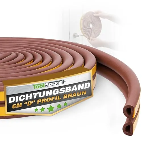 ToolSpace Türdichtung Selbstklebend Dichtungsband Dichtungsgummi Door Sealing Strip D Profil Braun Gummidichtung für Fenster & Türen 6M Fensterdichtung Anti-Kollision Gummi Schaum Schaumstoffband