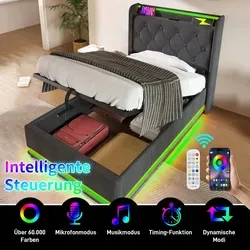 STILVORA Polsterbett 90×200cm Stauraumbett mit 360-Surround-LED-Funktion(Drucktaste/App/Fernbedienung),Jugendbett im gepolstertes Kopfteil mit USB... - Grau
